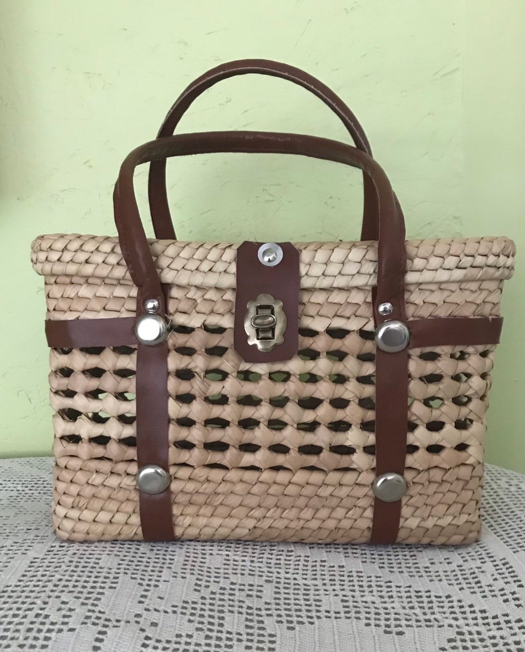 1960s Hand Woven Raffia Basket Handbag Boho Style Purse - Etsy