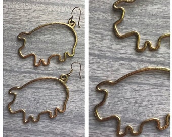 1990s Golden Piggie Dangle Novelty Faux Gold Large Hoop Earrings - for Pierced Ears