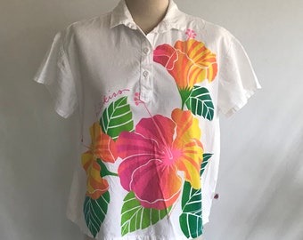 1980s DAY GLO Neon Hawaiian Crop Top - Cotton Blouse - What a Melon Brand - 80s Nostalgia - Tourist Shirt