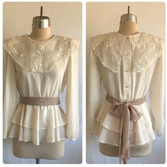 1980s Does Victorian Semi Sheer Cream Lace Peplum