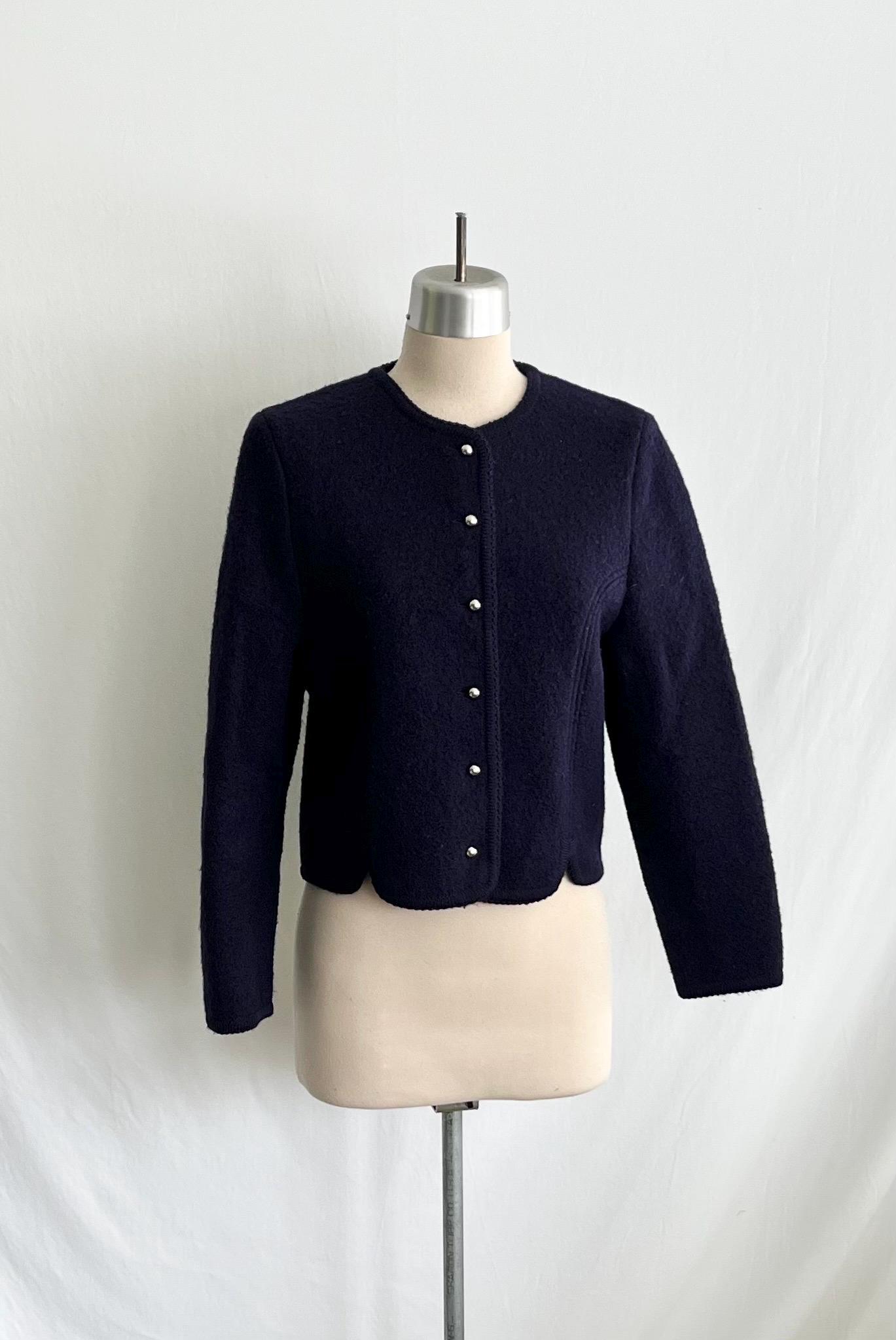 1980s Boiled Wool Cropped Jacket: Navy Blue Tyrolean Style (S/M