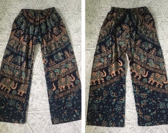 1990s Indian Cotton TAPESTRY Pull on Pants with Pockets - Hippie Pants - Boho Pants - Upcycled Pants - Low Rise Pants - Festival Pants