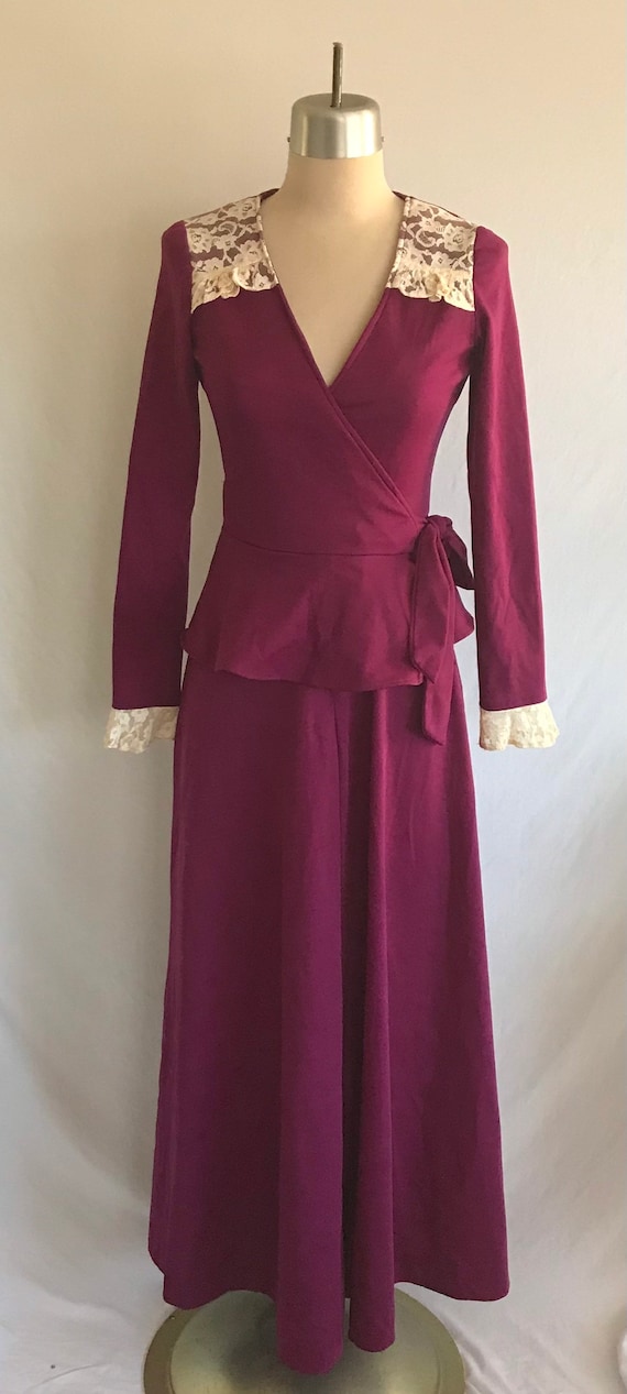 1970s Wrap Peplum Jersey Knit Purple Maxi Dress w… - image 3