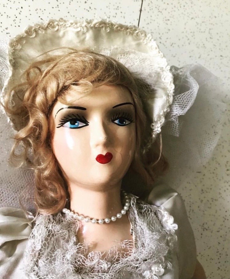 Vintage 1930s 15 Inch Carnival Big Eyed Composition Doll Shabby Distressed  