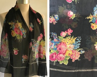 1990s Victorian Floral Black Chiffon Scarf - Vintage Scarf - Fashion Scarf - Boho Scarf - Cottagecore Scarf - Grunge Scarf - Cabbage Roses