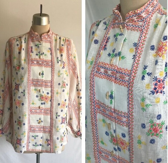 1970s Faux Embroidery Cotton Smock Blouse - Boho … - image 1