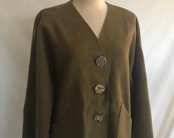 Vintage UPCYCLED Wool Army Blanket Jacket with Art Deco Buttons - Boho Wool Jacket - Jacket with Pockets - Dolman Sleeve Jacket -Boxy Jacket