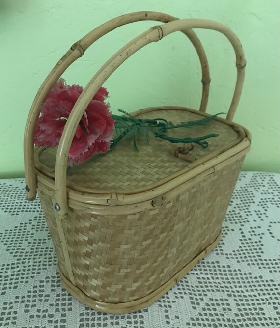 1950s Bamboo Woven Straw Flower Basket Purse - No… - image 3