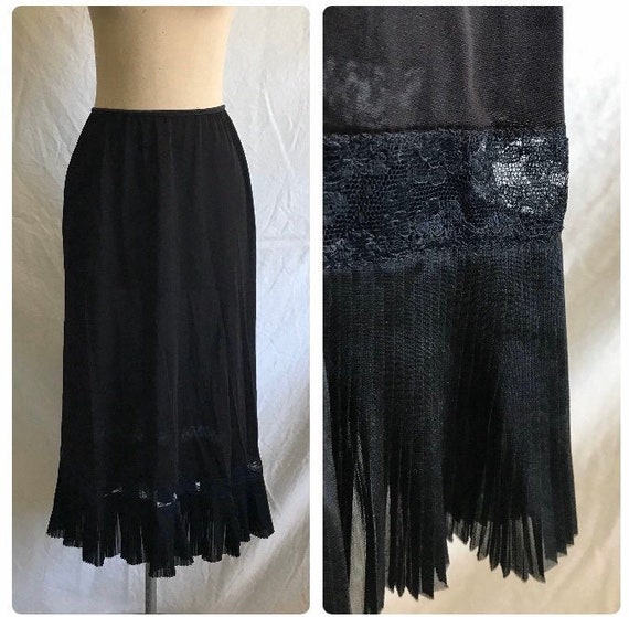 1960s Vanity Fair Black Nylon Lace Pleated Ruffle