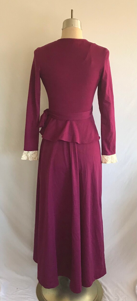 1970s Wrap Peplum Jersey Knit Purple Maxi Dress w… - image 10