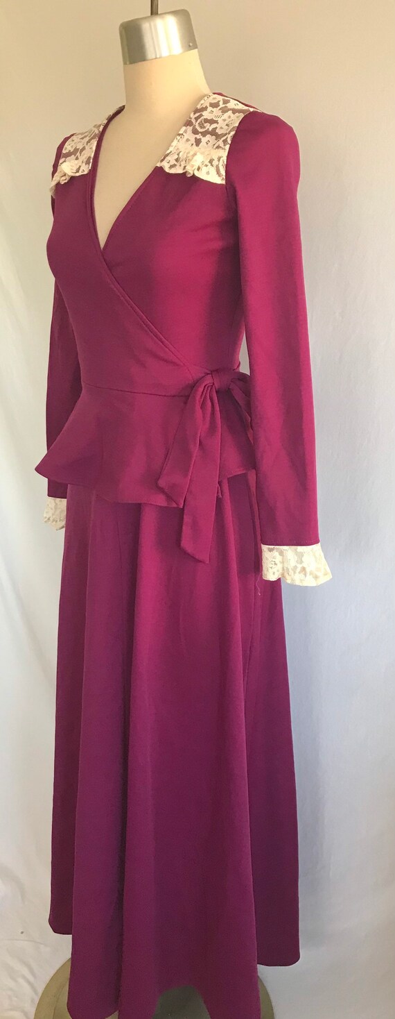 1970s Wrap Peplum Jersey Knit Purple Maxi Dress w… - image 2