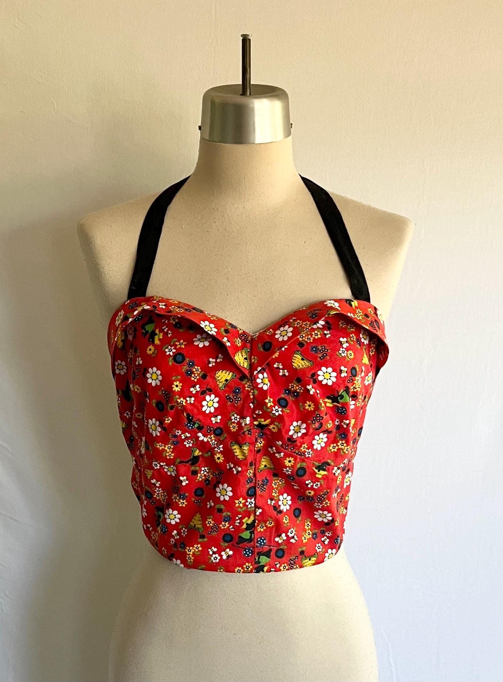 1950s REPRO Novelty Print Mid Mod Halter Top - Rockabilly Top - Size M - Red Cotton Top - Pin Up Top - Daisy Print -Bear Print -Bustier Top