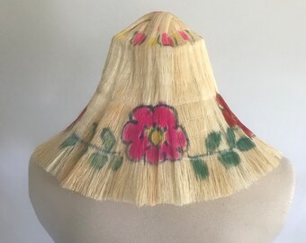 1960s Fine STRAW Spray Painted Sun Hat - Foldable Hat - Vintage Beachwear - Rockabilly Hat - Floral Sun Hat - Pool Party Hat