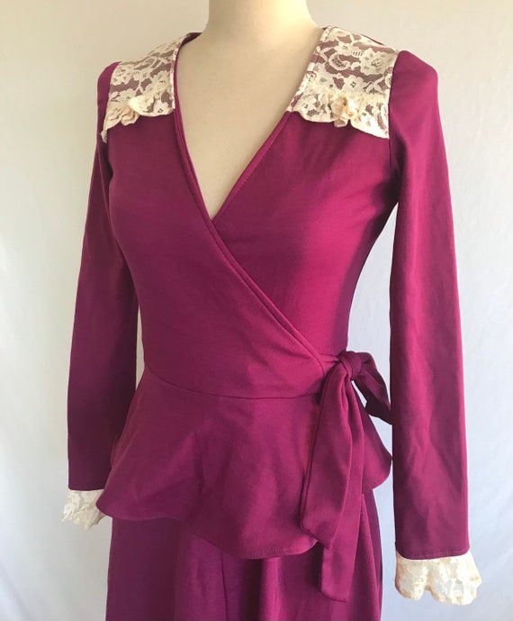 1970s Wrap Peplum Jersey Knit Purple Maxi Dress w… - image 5