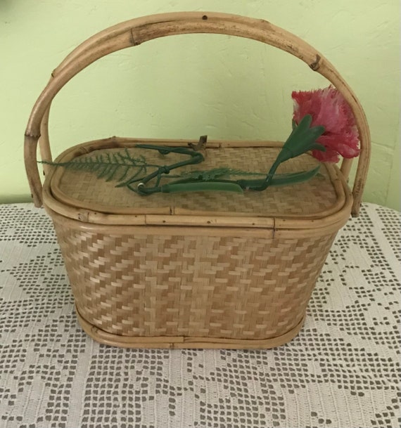 1950s Bamboo Woven Straw Flower Basket Purse - No… - image 5