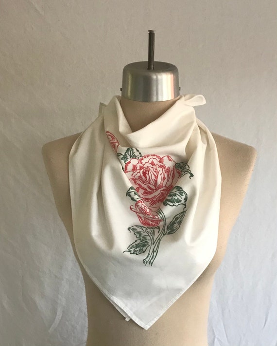 1940s Hand Painted Rose Bandana - White Rayon Sca… - image 1