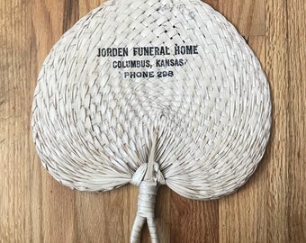 1950s Funeral Home Ad Macabre Palm Frond Woven Hand Fan with Jorden Funeral Home Kansas