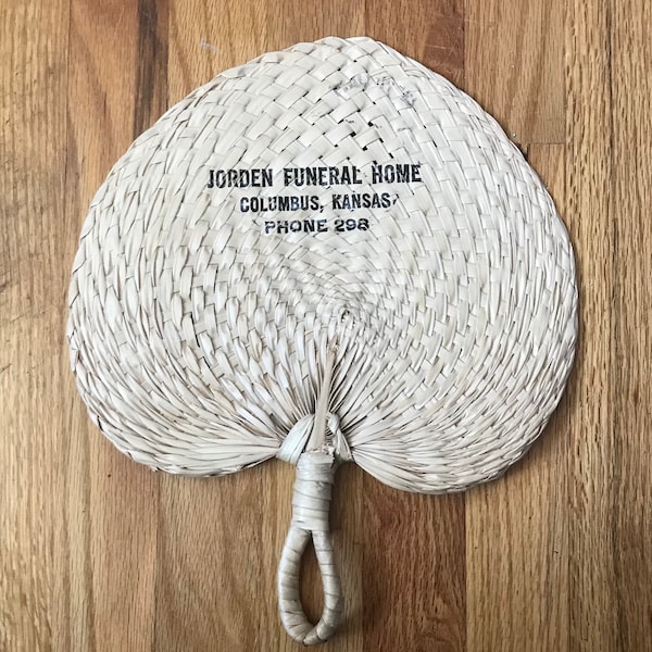 1950s Funeral Home Ad Macabre Palm Frond Woven Hand Fan with Jorden Funeral Home Kansas