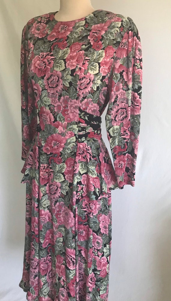 1980s Carole Little Black and Pink Floral Rayon P… - image 4