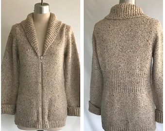 1970s Zip Front Speckled Cardigan - Boho Sweater - Boho Cardigan - Fall Cardigan - Speckled Sweater - Kangaroo Pocket Sweater -Machine Knit