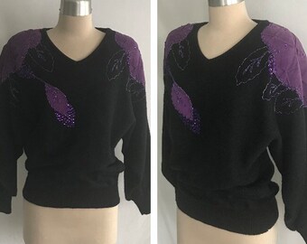 1980s Sequined and Appliqued V Neck Pullover Sweater - New Wave Sweater -Suede Applique -Soutache Embroidered Sweater -Dolman Sleeve Sweater