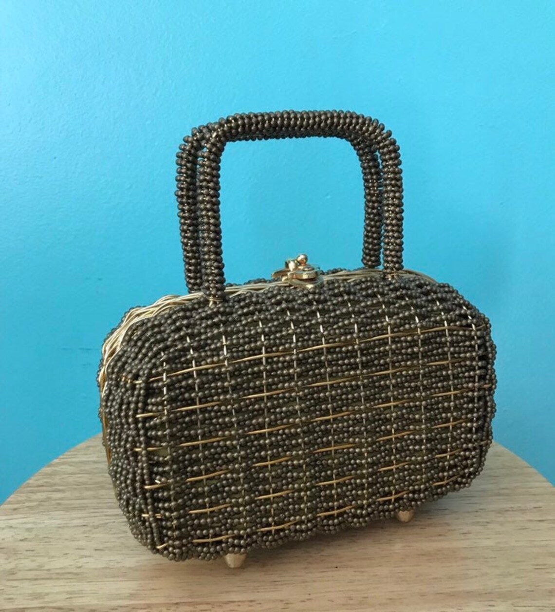 1960s Gold Woven Wire Basket Box Mini Suitcase Beaded Novelty Etsy