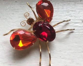 1960s Red Glass Beetle Brooch - Costume Jewelry - Novelty Brooch - Bug Brooch