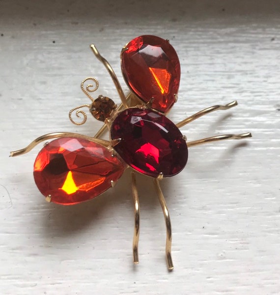 1960s Red Glass Beetle Brooch - Costume Jewelry -… - image 1