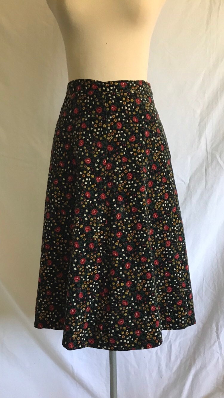 1970s Italian Brand Floral Cotton Velveteen Boho Style A-Line Skirt