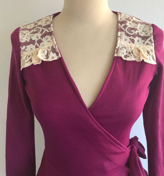 1970s Wrap Peplum Jersey Knit Purple Maxi Dress w… - image 6