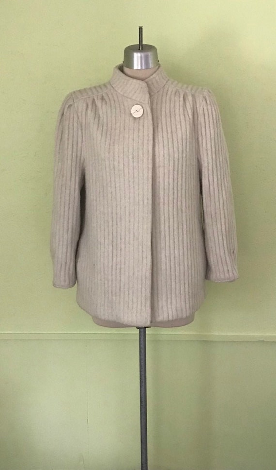 1980s Does 1940s Wool Textured Stripe Puff Sleeve