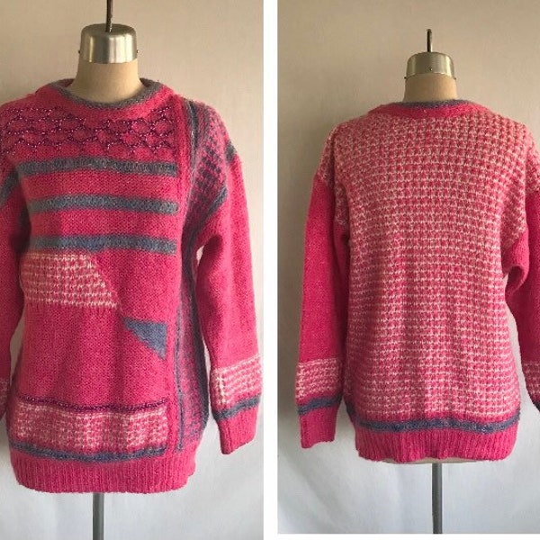 1980s HOT PINK Avant Garde Pullover Sweater - Retro Sweater - Dolman Sleeve Sweater - Stripe Sweater - 80s Nostalgia