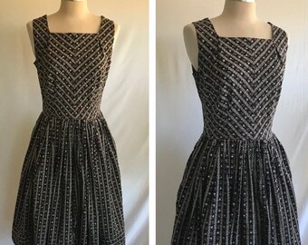 1960s REPRO Floral Stripe Square Neck Sundress - Full Skirt Dress - 1960s Jumper Dress - Fall Floral Dress - Rockabilly Dress -Cotton Dress