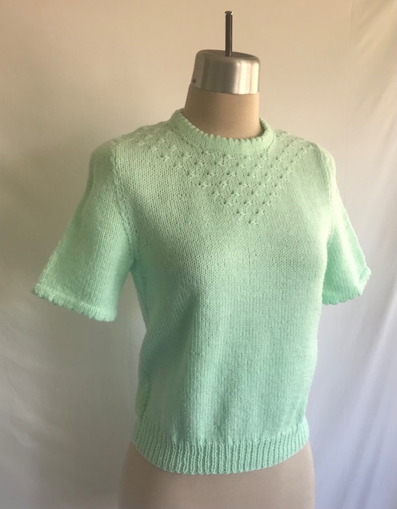 1970s SEAFOAM Green Hand Knit Short Sleeve Pullove