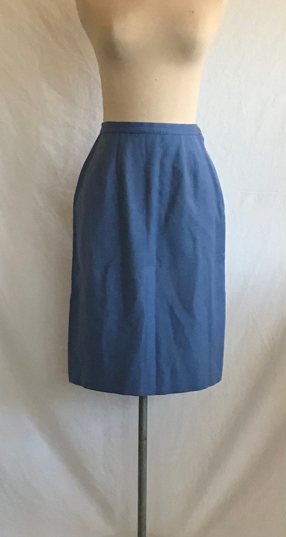 1950s Wool Pencil Skirt with Kickpleat Cornflower… - image 2