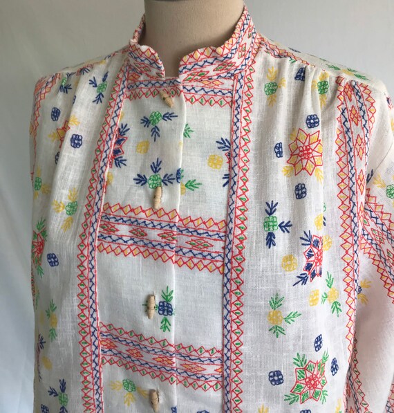 1970s Faux Embroidery Cotton Smock Blouse - Boho … - image 6