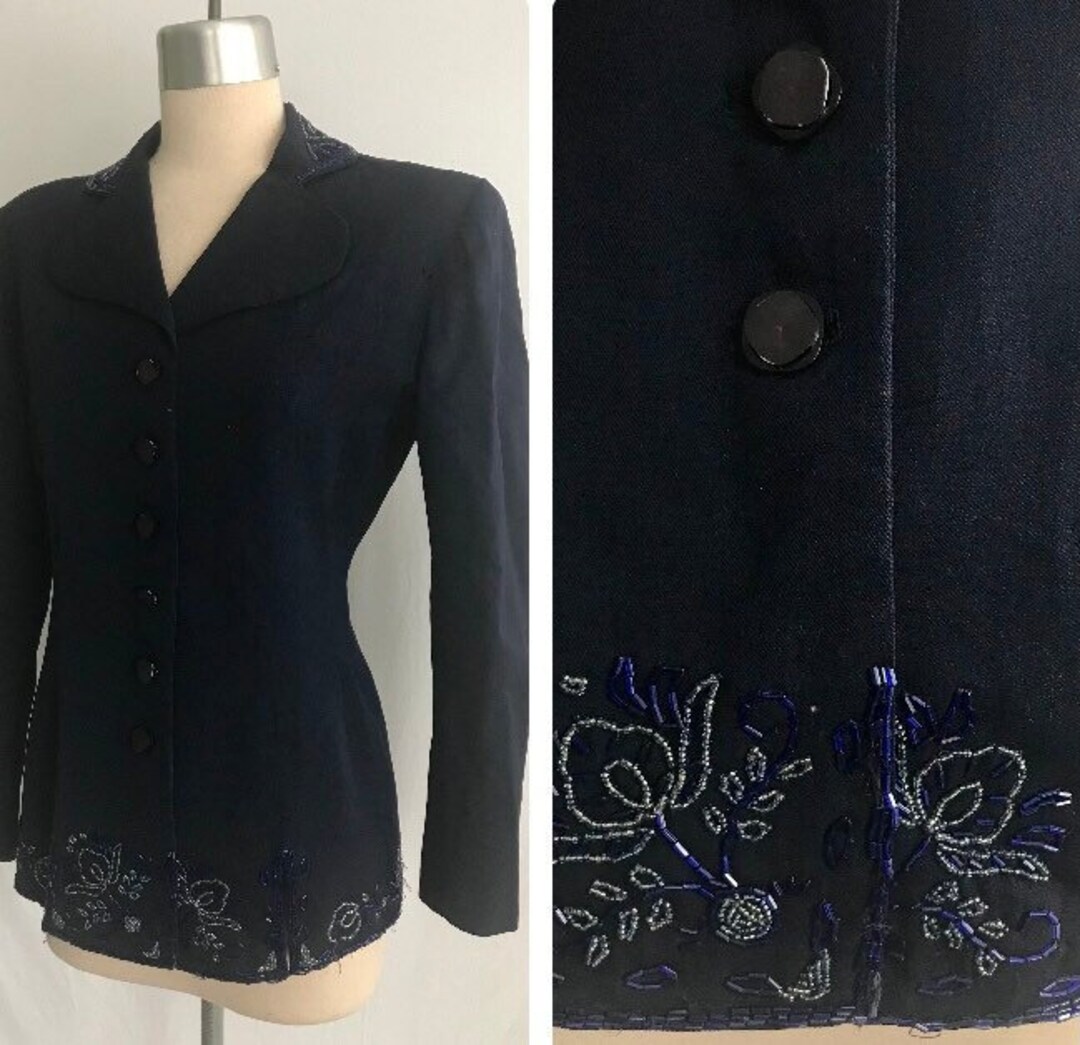 1940s Navy Blue Wool Gabardine Floral BEADED Jacket AS IS Hourglass Fit ...
