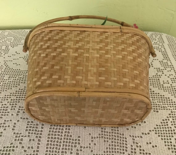 1950s Bamboo Woven Straw Flower Basket Purse - No… - image 10