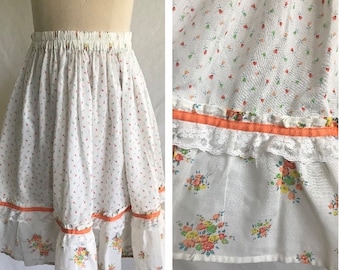 1980s FULL CIRCLE Gathered Ruffle Skirt - Floral Skirt - Elastic Waist - Square Dance - Harajuku Style - Lace Trimmed - Cottagecore Skirt