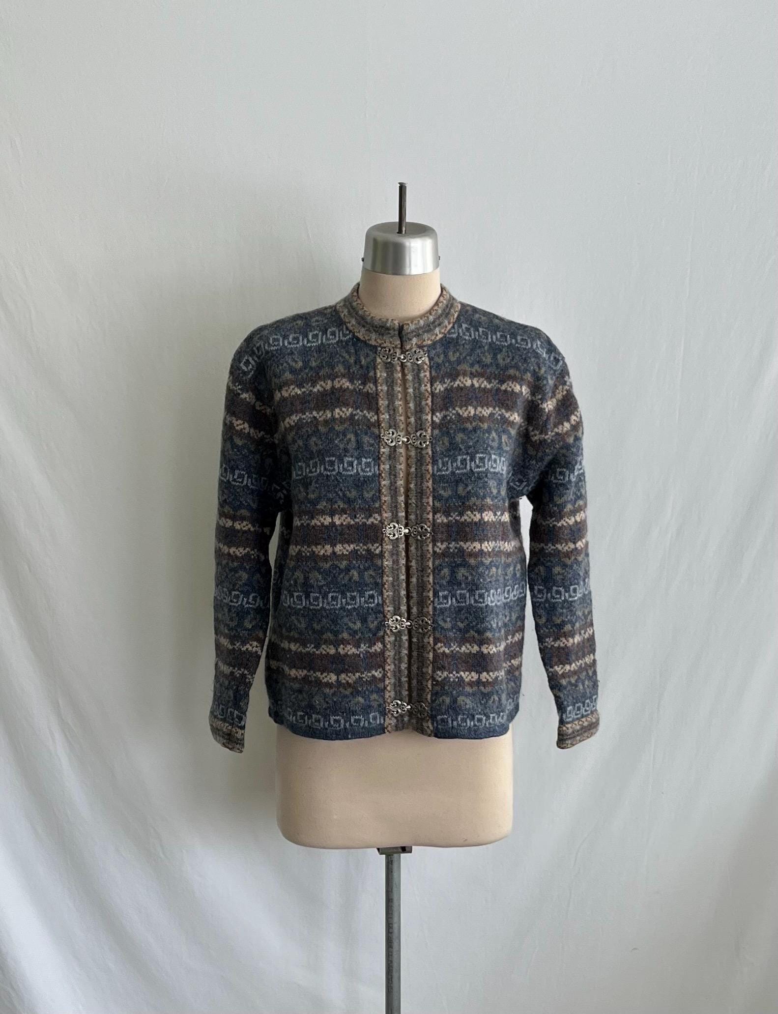 1990s Fair Isle Wool Cardigan: Nordic Knit, Metal Toggle 