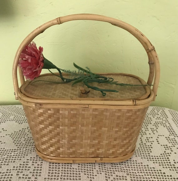 1950s Bamboo Woven Straw Flower Basket Purse - No… - image 2