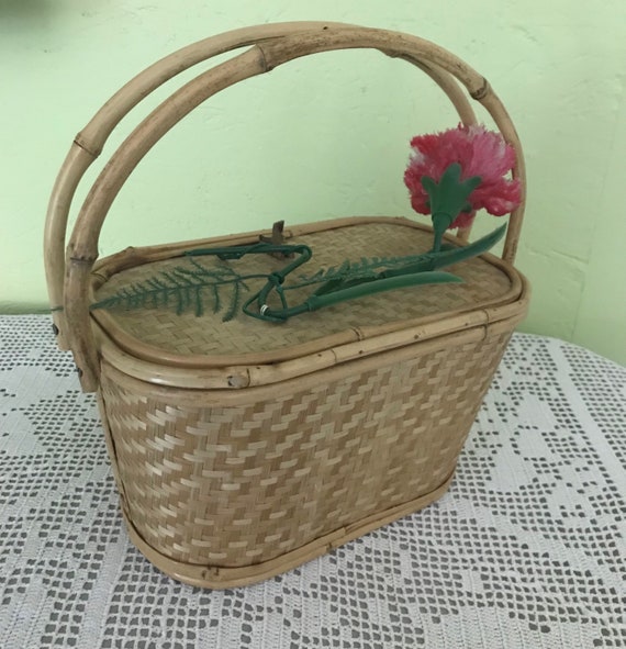 1950s Bamboo Woven Straw Flower Basket Purse - No… - image 4