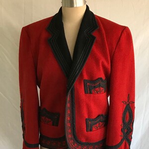 1960s Boho Red Wool with Ornate Black Rick Rack and Soutache Trim Western Steampunk Style Jacket