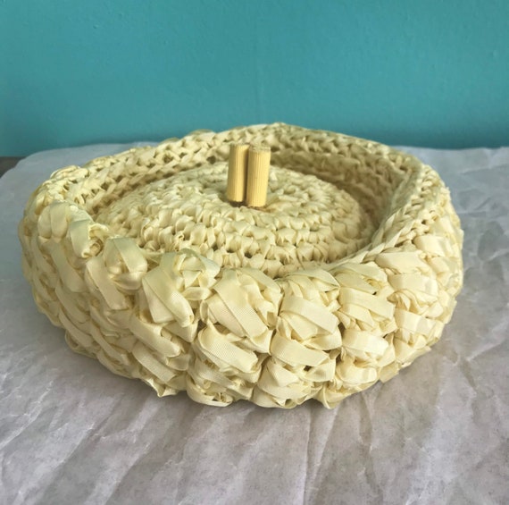 1960s Yellow Crochet Ribbon Pill Box Hat - Mrs Ma… - image 1