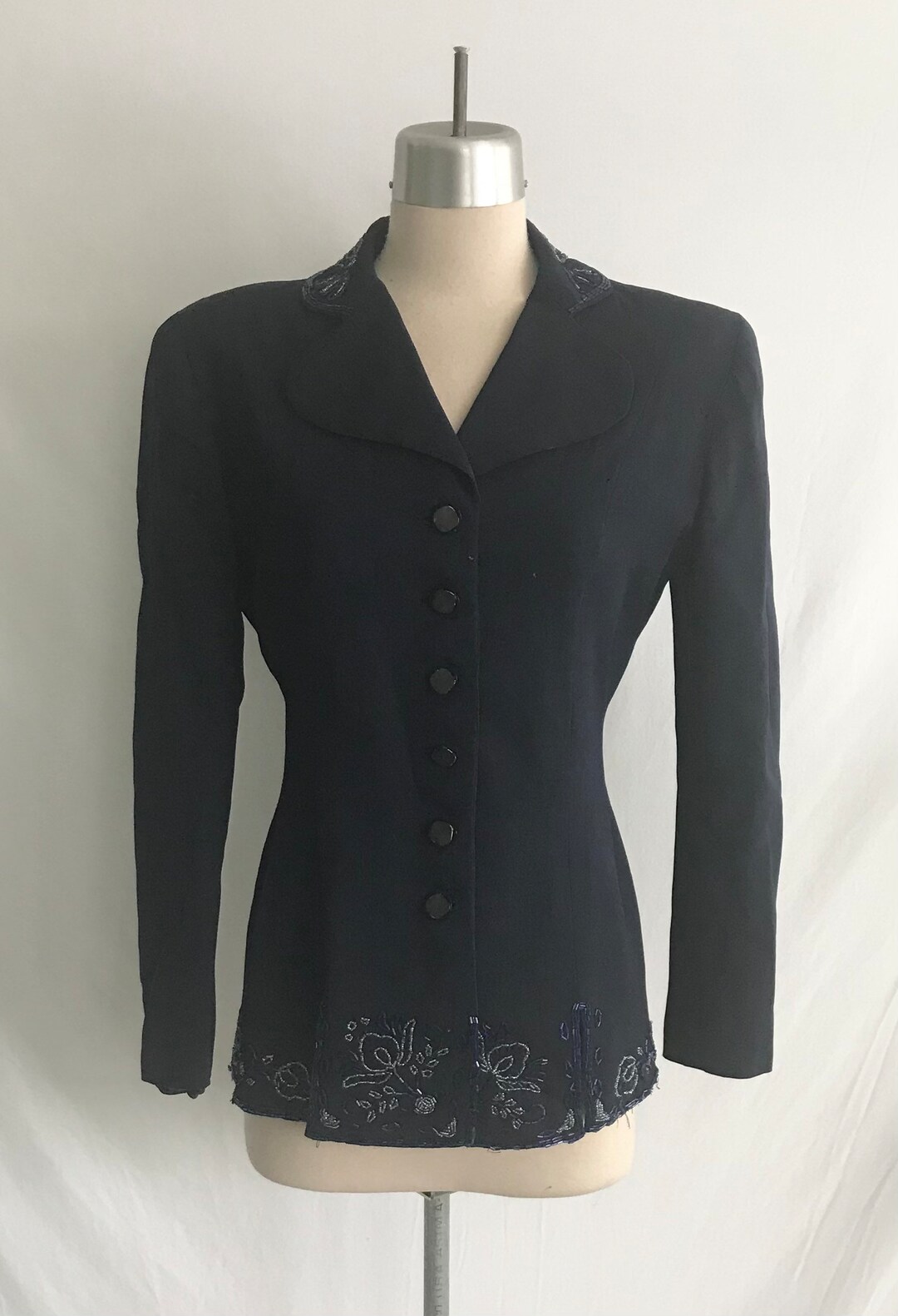 1940s Navy Blue Wool Gabardine Floral BEADED Jacket AS IS