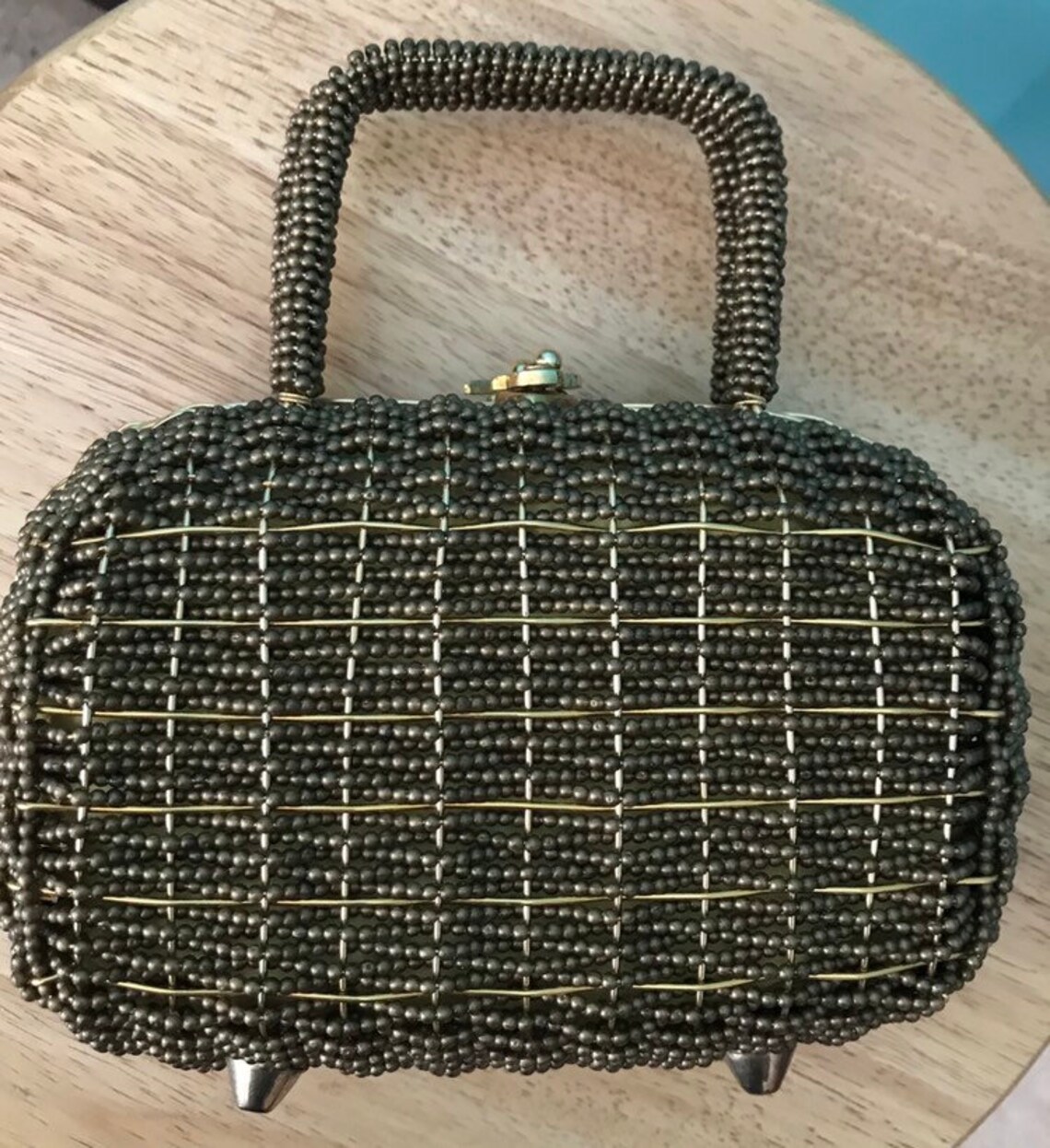 1960s Gold Woven Wire Basket Box Mini Suitcase Beaded Novelty Etsy