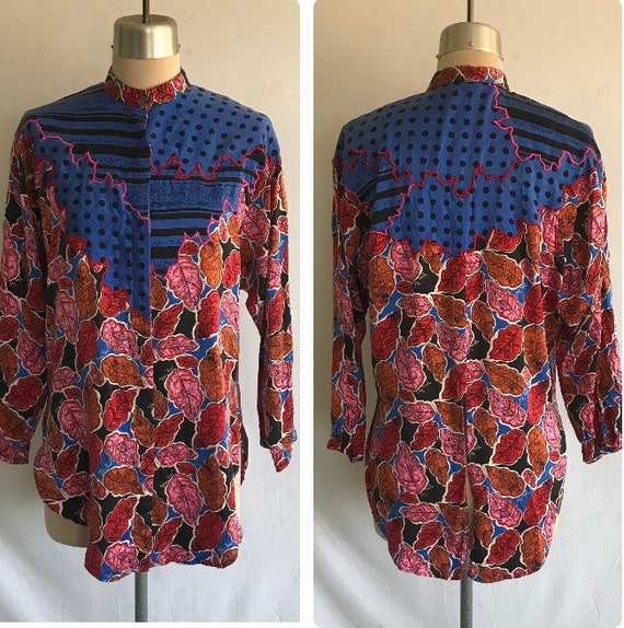 1990s DIANE FREIS Silk Pieced Blouse - Mandarin C… - image 1