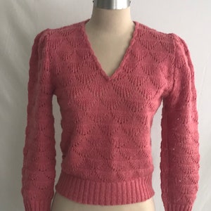 1980s Diane Von Furstenburg Pullover Pink Sweater - Puff Sleeve Sweater - Lace Knit Sweater-Cottagecore Sweater-V Neck Sweater -Boho Sweater