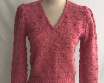 1980s Diane Von Furstenburg Pullover Pink Sweater - Puff Sleeve Sweater - Lace Knit Sweater-Cottagecore Sweater-V Neck Sweater -Boho Sweater