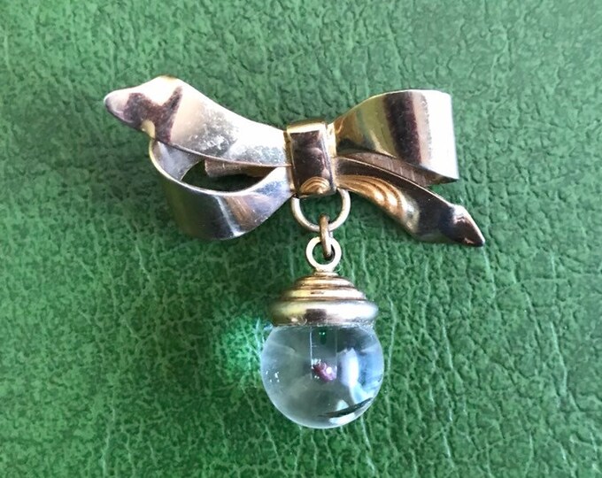 1940s Mustard Seed Glass Ball Gold Dangle Brooch Good Luck Brooch